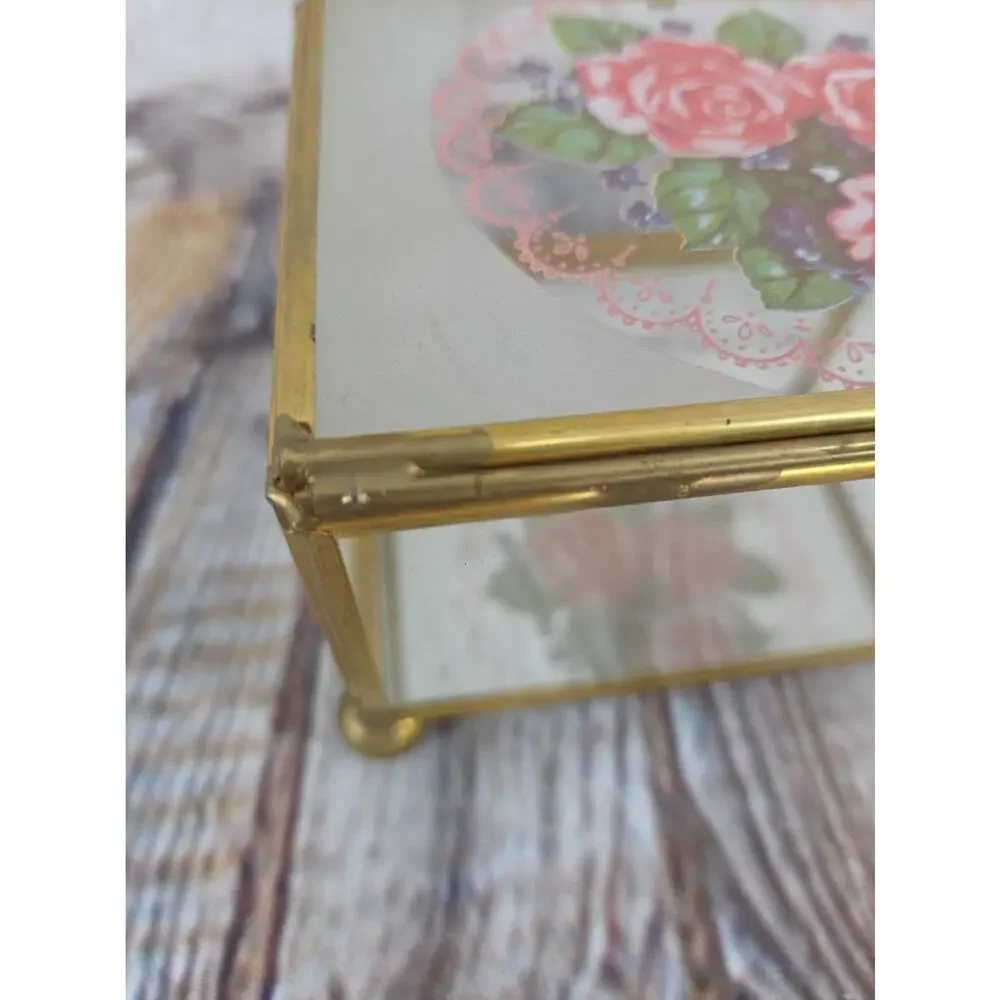 Vintage Roses Glass and Brass Jewelry Trinket Box